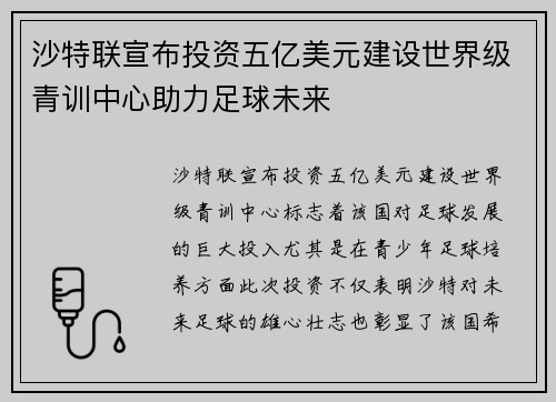 沙特联宣布投资五亿美元建设世界级青训中心助力足球未来 沙特联宣布投资五亿美元建设世界级青训中心助力足球未来